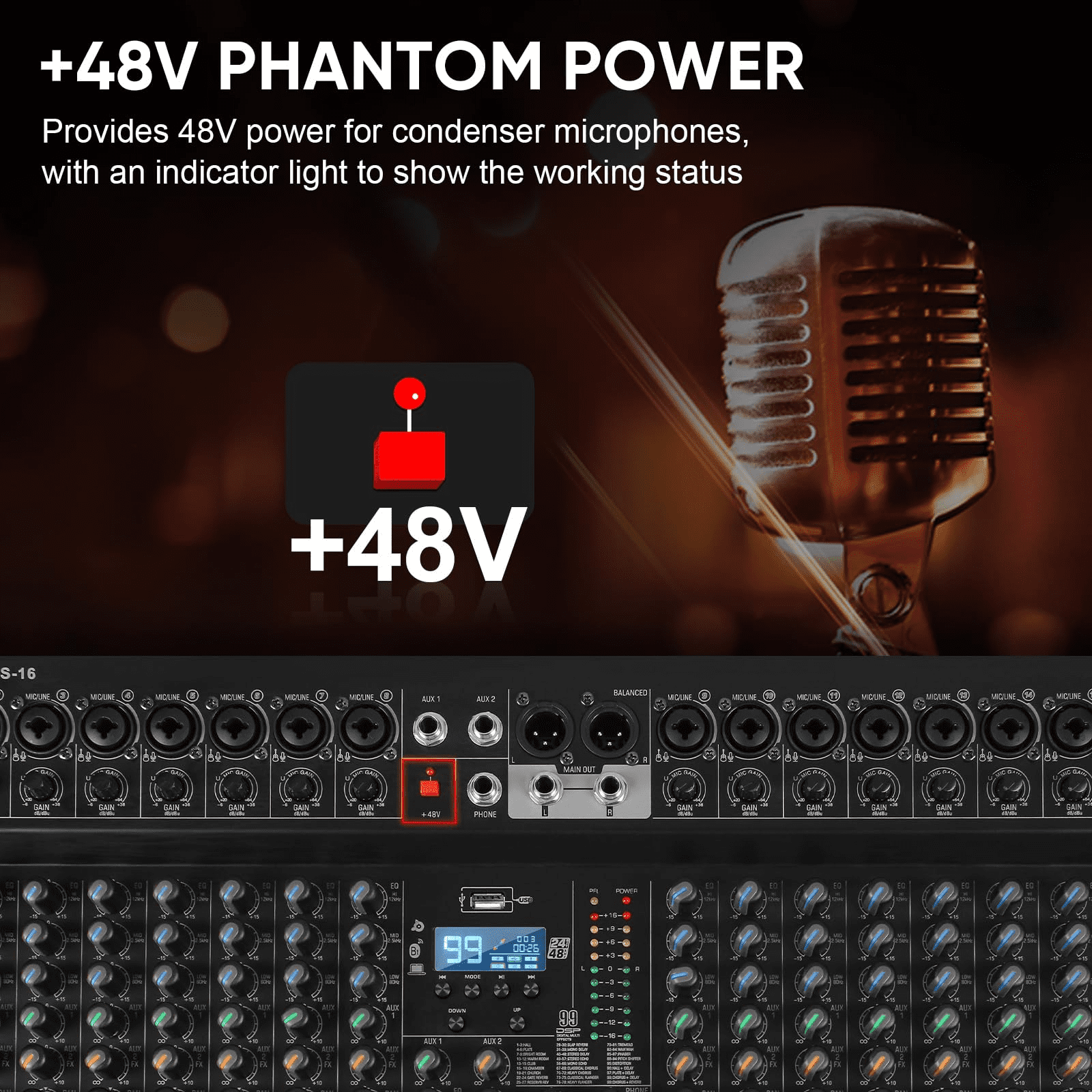 16 Channel Mixer, Professional Audio Mixing Console Studio DJ Board with Bluetooth, 99 DSP Effect,USB Recording, 48V Phantom Power, Reverb, MP3 Player for Live Sound Karaoke Performance