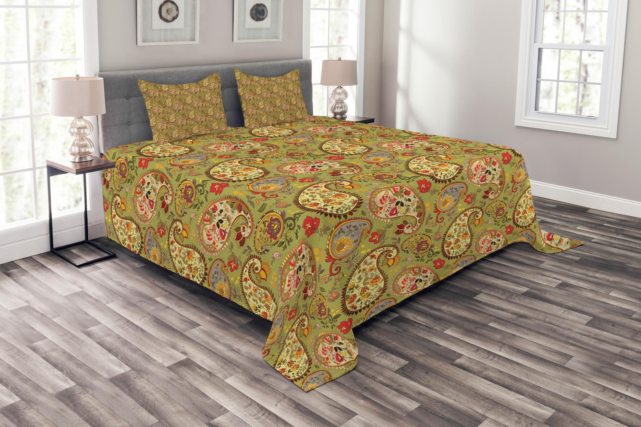 Paisley Bedspread Set King Size, Colorful Eastern Ancient Oriental
