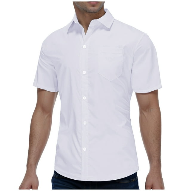 Men's Button Sleeve Lapel Short Sleeve Shirt - Polyester, Business Casual, Solid Color, Comfort Fit