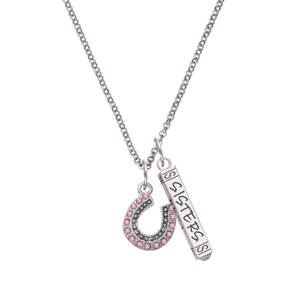 Delight Jewelry Silvertone Beaded Pink Crystal Horseshoe with Good Luck Silvertone Sisters Best Friends Forever Bar Charm Necklace, 23"