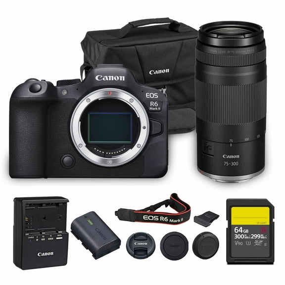 Canon EOS R6 Mark II Mirrorless Camera | 24.2MP Full Frame Sensor 4K 60p Video | Dual Pixel AF In-Body Stabilization for Professionals (5666C002) Canon RF 75-300mm Lens 64GB Card Bag