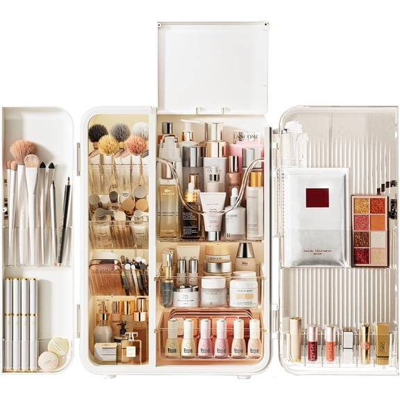 Makeup Organizer for Vanity, Large Capacity Skincare Organizers and Storage with Drawers, Dustproof Cosmetic Display Case for Bathroom Countertop, Trendy Teen Girl Gifts, White