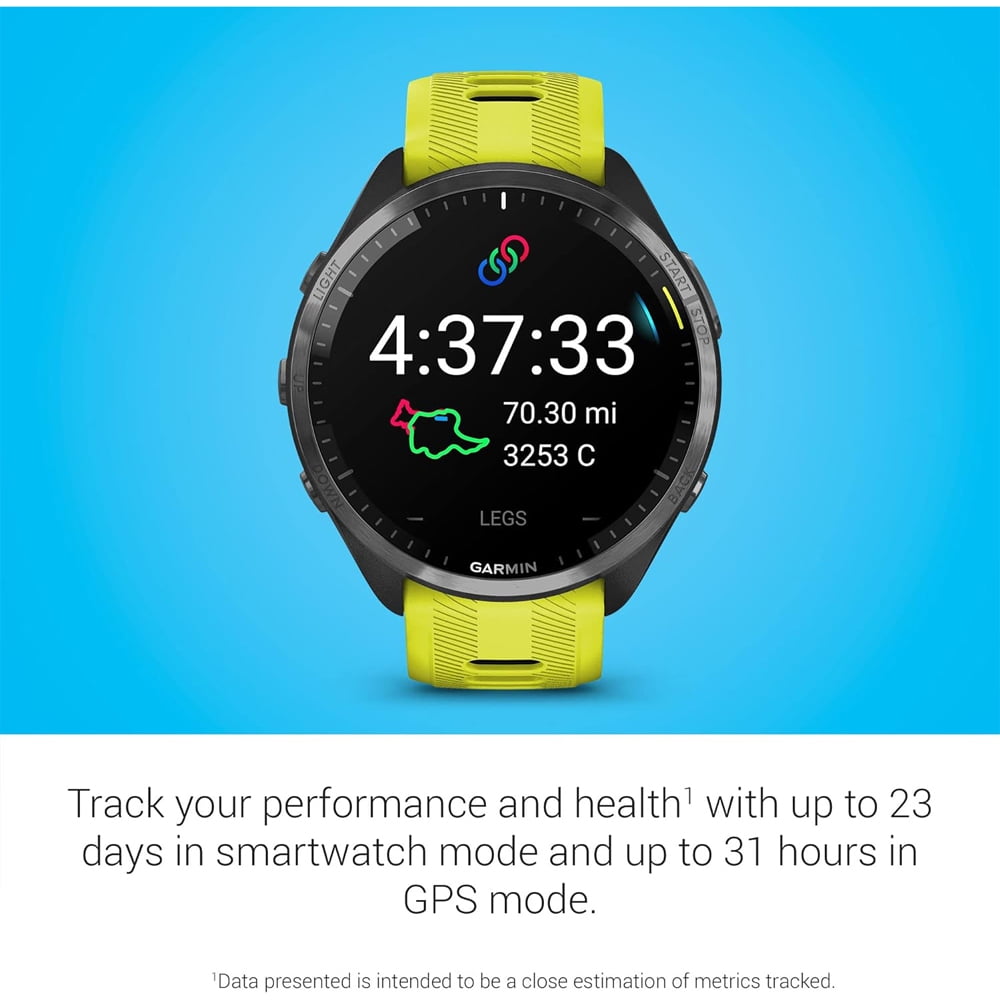 Garmin 010-02809-02 Forerunner 965 Running Smartwatch, Amp Yellow and Black Bundle with Sport Towel + Deco Essentials Wearable Commuter Front & Rear Safety Light| Official Garmin USA Dealer