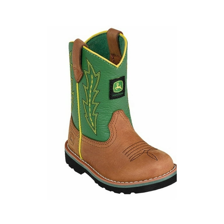 John Deere Western Boots Boys Wellington Round Toe Tan Green