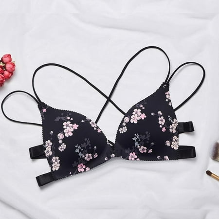 

Greyghost Fashion New Bra Floral Print Front Buckle Underwear Gathered A Piece of Seamless Cross-back Bra for Women Black Plum 70