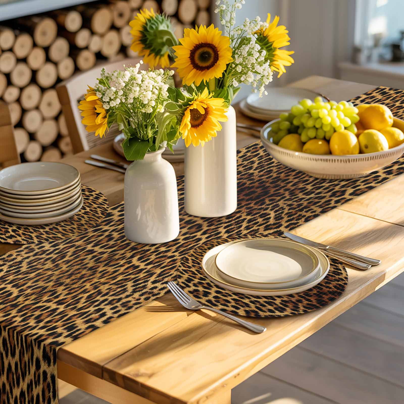 Brown Retro Leopard Print Round Table Placemats set of 4, Abstract Animal Texture Washable Woven Place Mats for Dining Tables Kitchen Party Decor,Heat Proof, 15in,