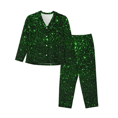 Qokaie Green Sparkling Print Womens Pajama Set  2 Piece Soft Long Sleeve Pajamas & Long Pants with Pockets  Warm Button-up Sleepwear Lounge Pjs-Small