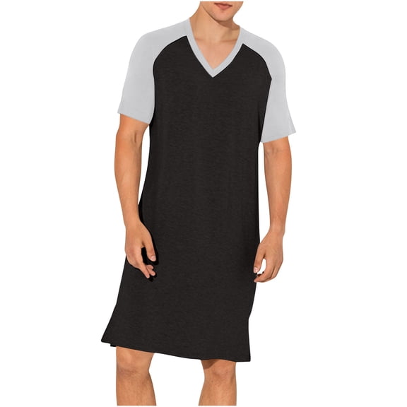 APEXFWDT Men's Big&Tall V-Neck Nightshirt Raglan Short Sleeve Sleepshirt Loose Fit Comfy Pajama Sleepwear,Black