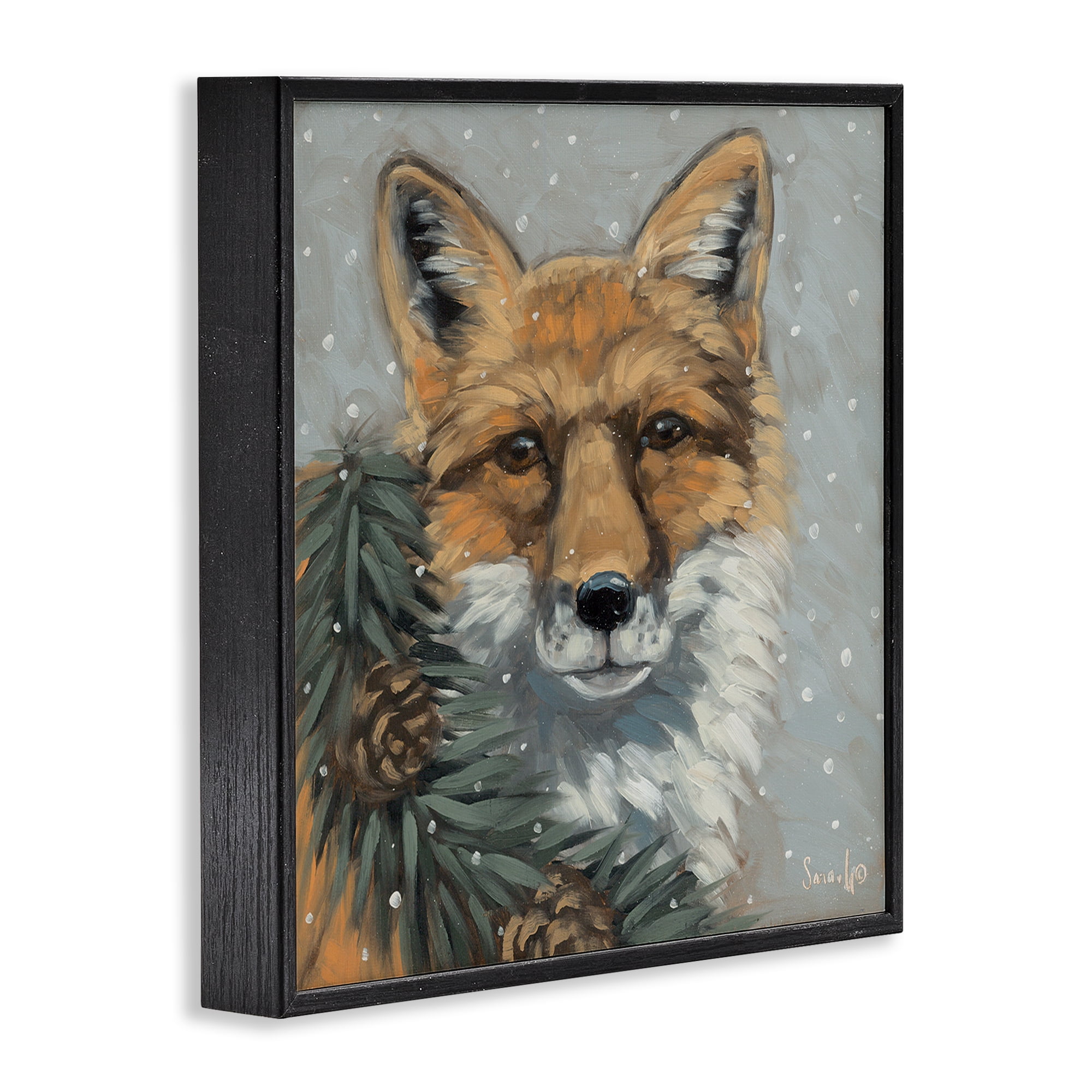 Stupell Industries Fox with Snowy Pinecones Holiday Painting Black Framed Art Prints Wall Art, 24 x 24