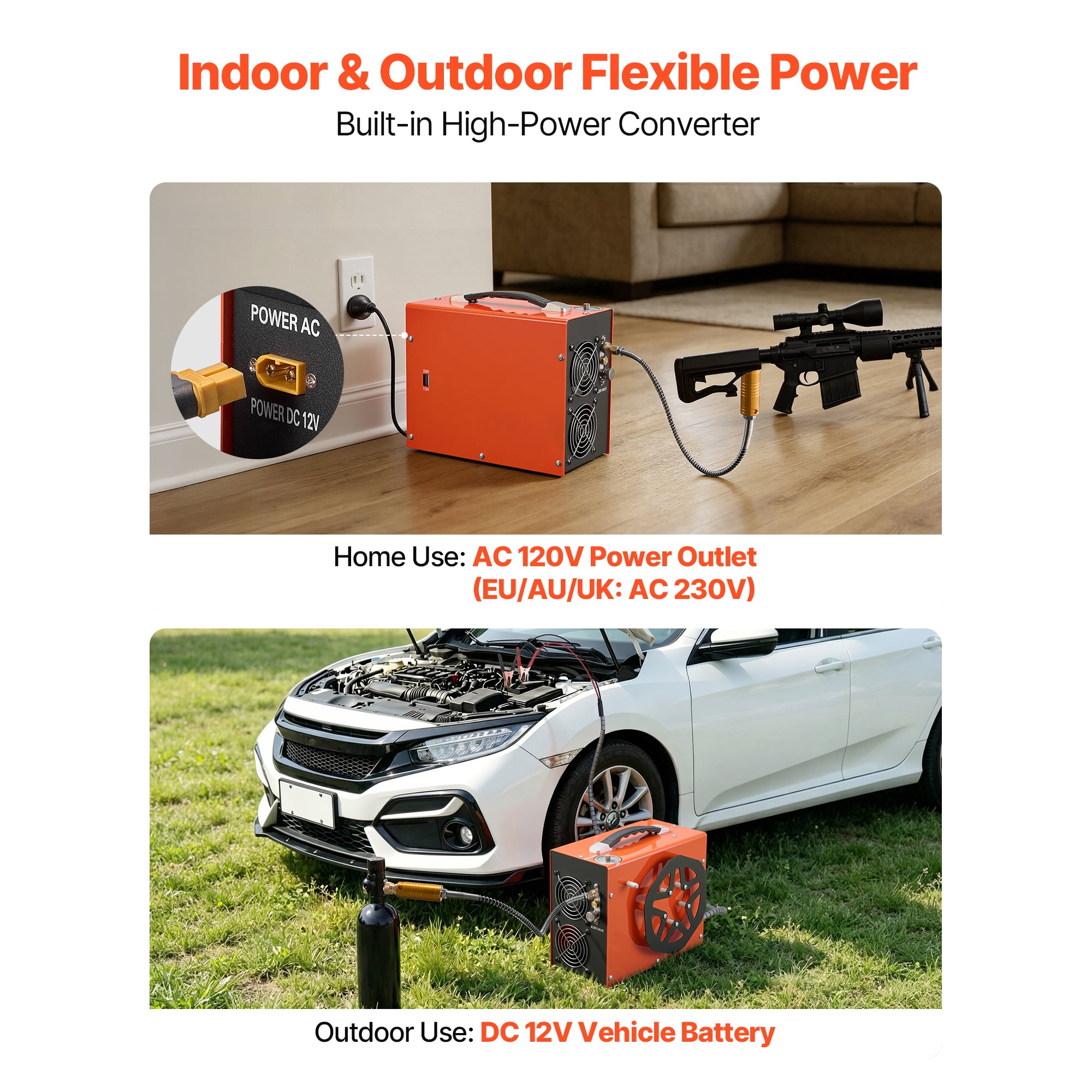 KFFKFF Portable PCP Air Compressor 4500PSI with Built-in Converter, Auto Stop Function, 350W DC12V/AC120V for Air Rifles and Scuba Tanks