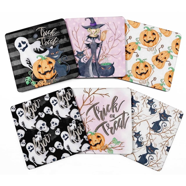 Inkdotpot Set of 6 Drink Coasters Easy Clean 4-inch SquareCoastersCork Base,Reusable,Halloween