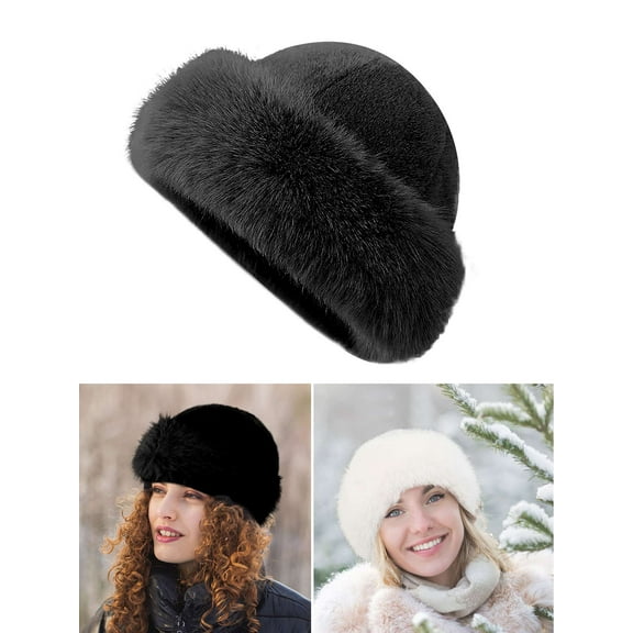 Luxtrada Faux Fur Trimmed Winter Fashion Hat for Women Fashionable Outdoor Warm Hats Christmas Gift (Black)