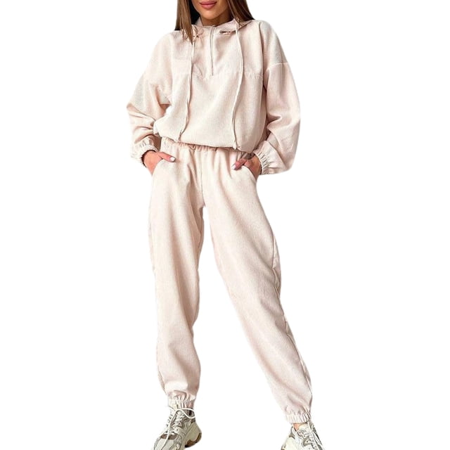 Gibobby Sudaderas de Forro Polar y Pantalones Conjunto de dos piezas de chándal con cremallera y capucha de manga larga para mujer Otoño Invierno(Beige,XL)