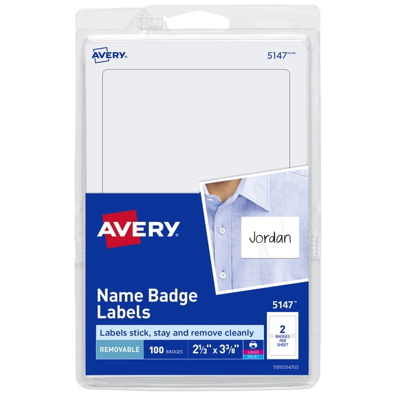 Avery Customizable Name Tags 100 Pack, White, 2-1/3" x 3-3/8" Badges
