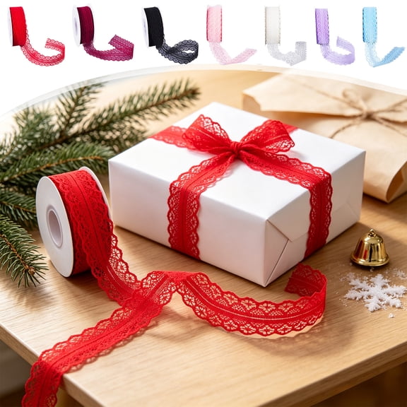 Dongrere Scalloped Edge Lace Ribbon Hollow Floral Woven Decorative Tape Gift Wrapping for Christmas Wedding Birthday Party Use, 1.2x866 Inch, Red