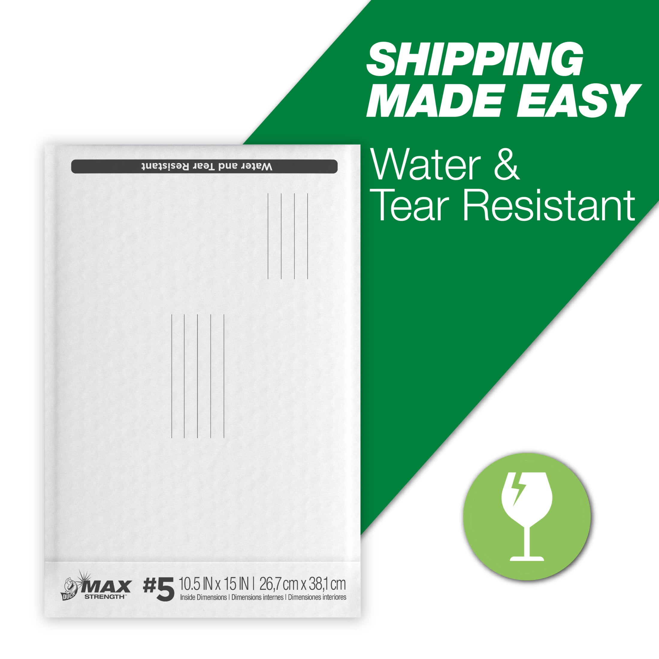 (3 pack) Duck Max Strength Self-Sealing Poly Bubble Mailer #5, 10.5" x 15", Solid White