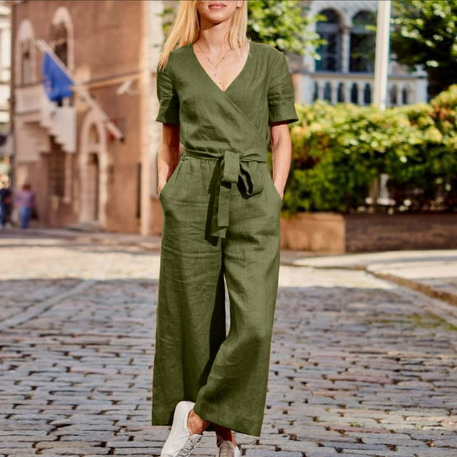 LOVZFMLL Combinaison pour Femme, Barboteuse Unie avec Poches à Manches Courtes, Col en V, Ceinture, Salopette Ample, Combinaison en Coton et Lin Verte, m