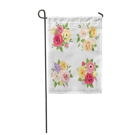 SIDONKU Four Bouquets Red Pink White Yellow and Purple Roses Lisianthuses Ranunculus Garden Flag Decorative Flag House Banner 28x40 inch