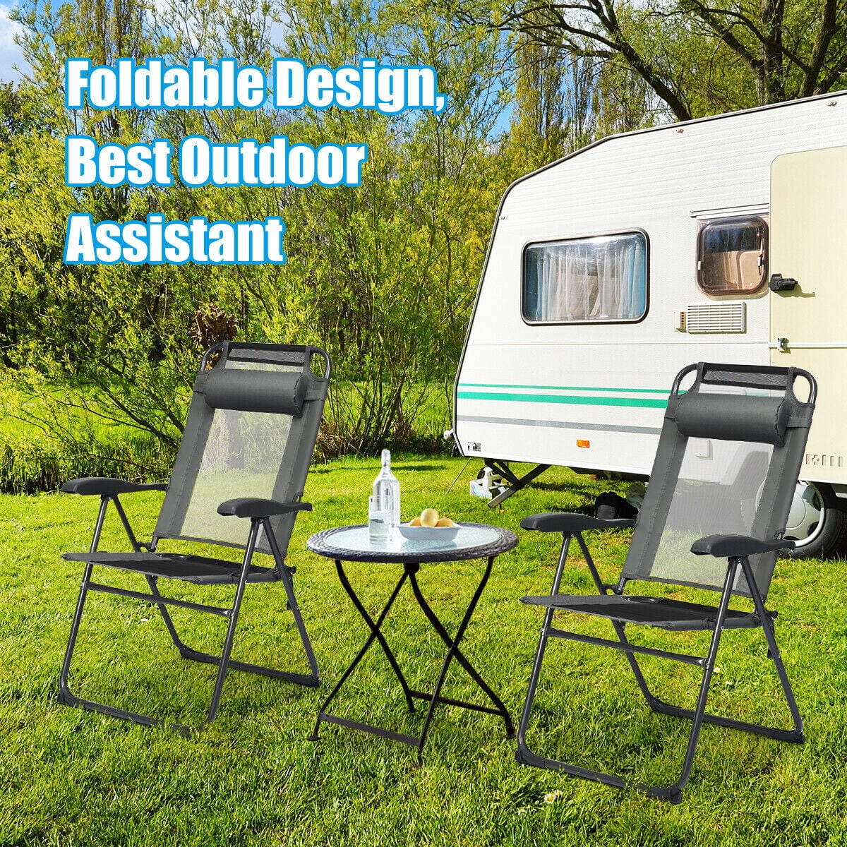 Gymax 4PC Folding Chairs Adjustable Reclining Chairs with Headrest Patio Garden Grey