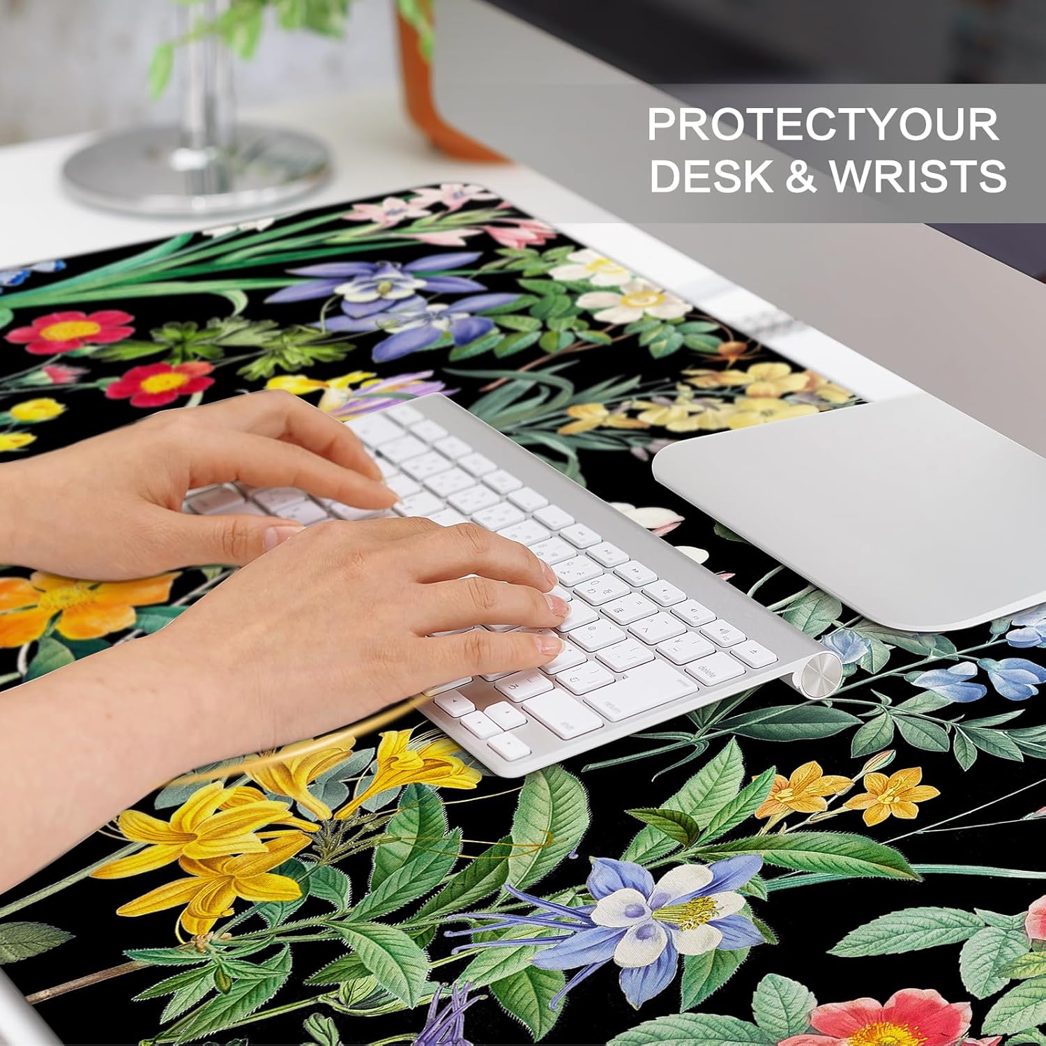 Black Flower Desk Mat Floral Plants Mouse Pad, Wildflowers Large Gaming Mousepad Desk Pad, XXL Keyboard MouseMat Full Desktop Mat Women Office Accessories 31.5"x15.7"