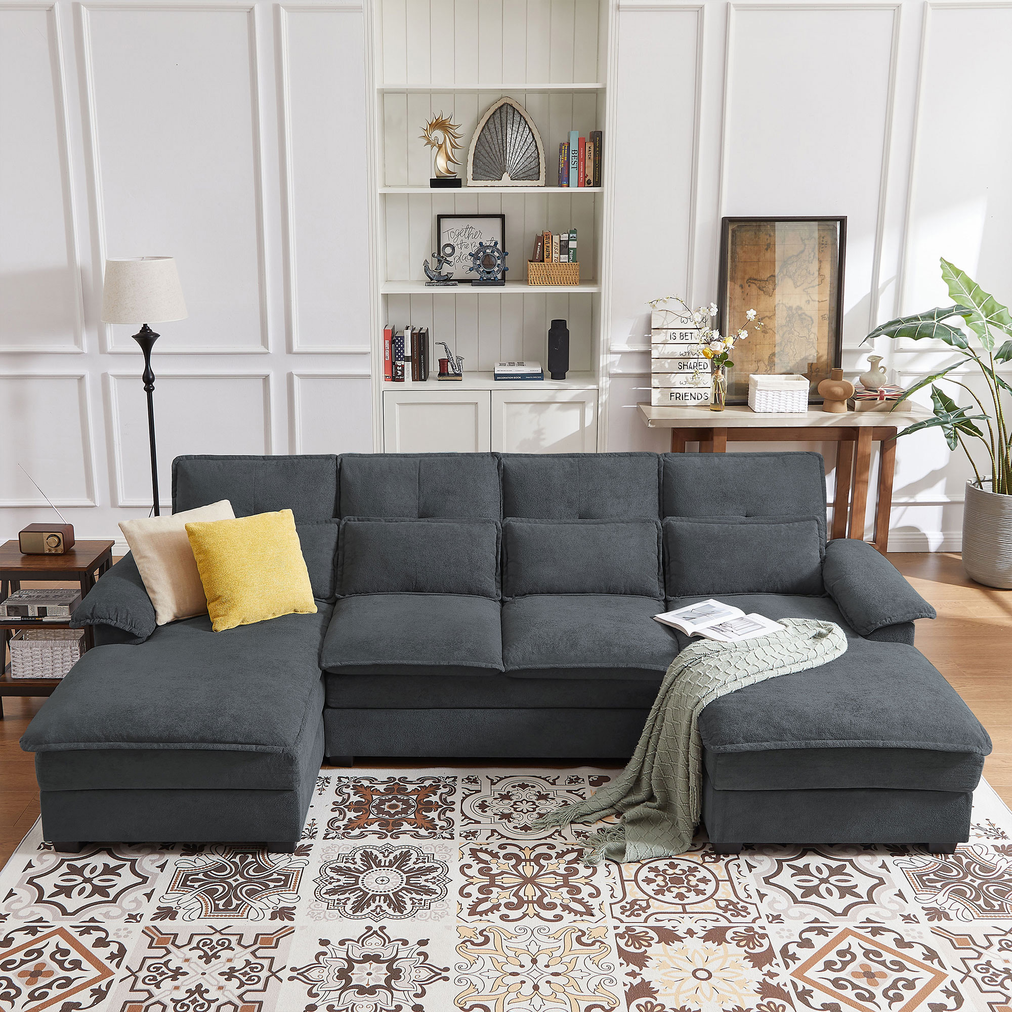Soscana U Shaped Cloud Couch Sectional Sofa 4 Seat with Double Chaise, Modern Linen Sofa with Waist Pillows for Living Room Apartment Office Studio,Dark Gray