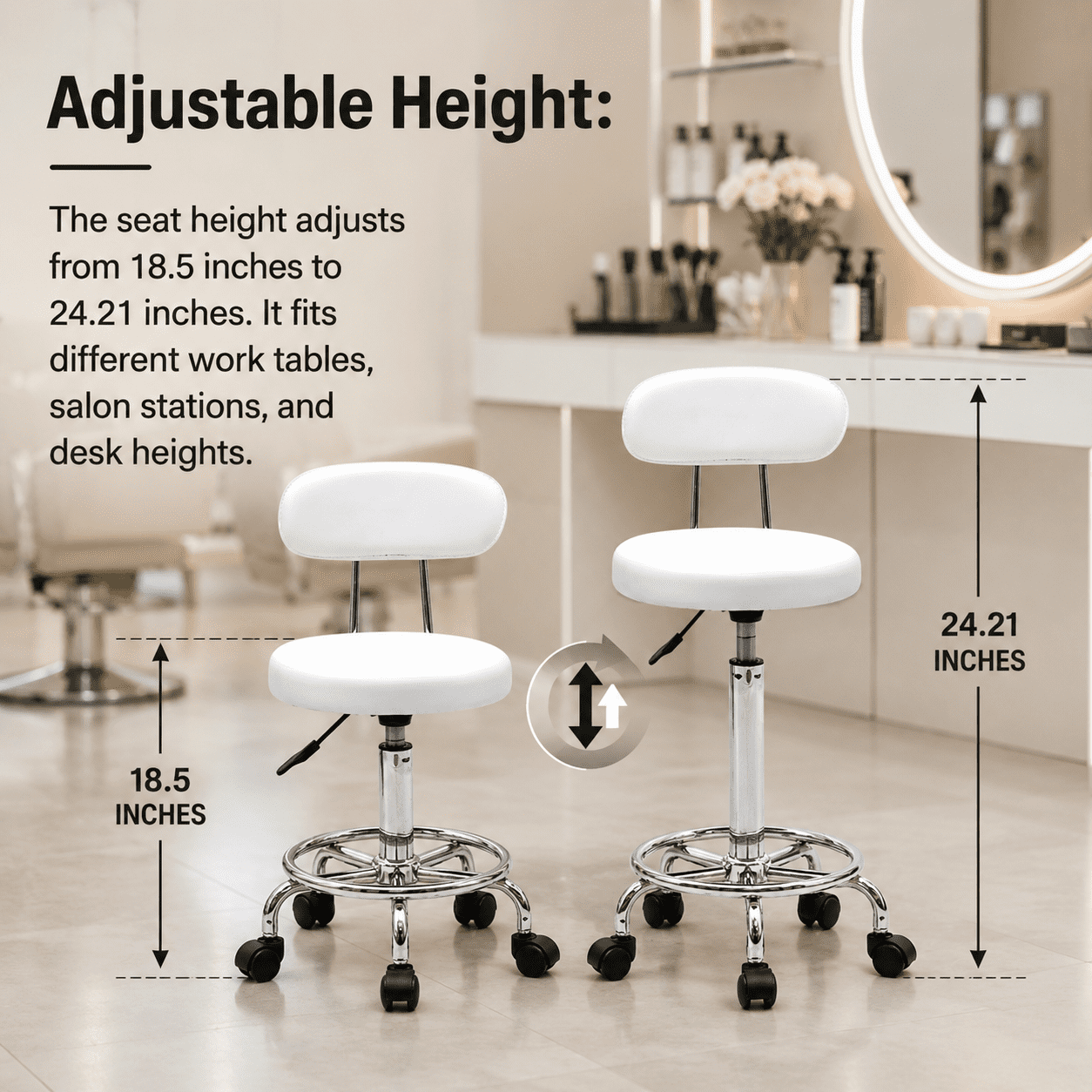 Alvantor Adjustable Height Salon Stool with Backrest and Rolling Wheels, White