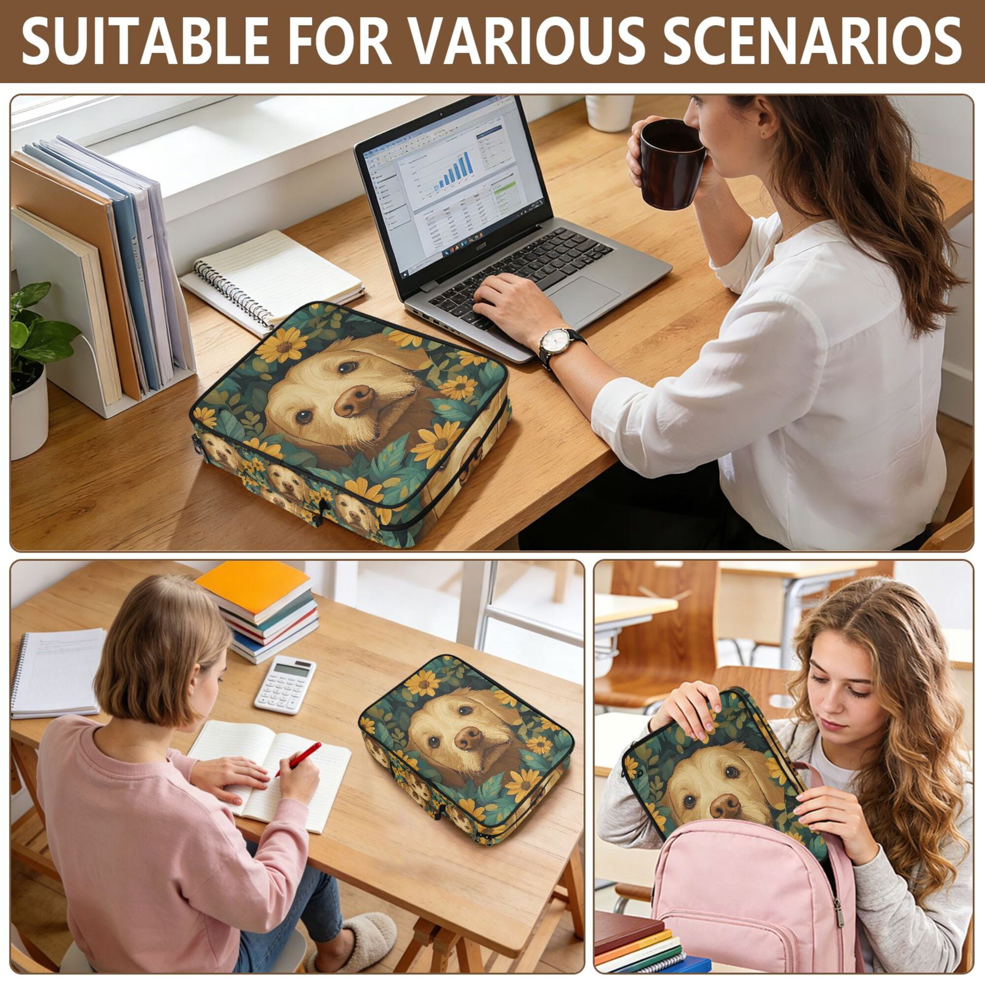 FORMRS Accordion File Folder A4 Size 7-Pocket Expanding Document Organizer Bag with 3 Ring Binder, Flowers and Dog
