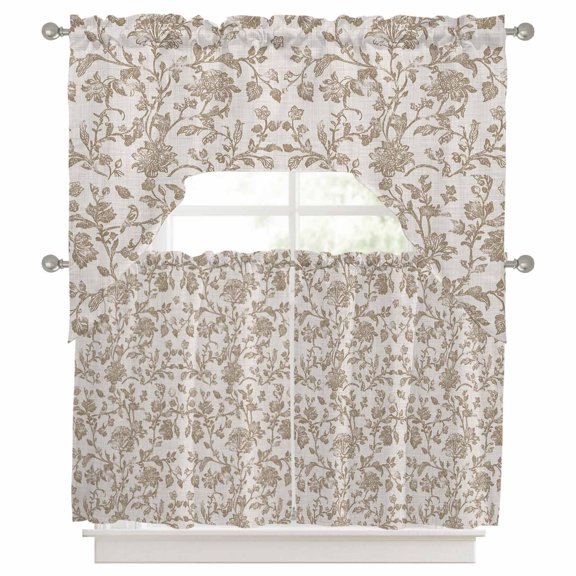 Curtains Swag and Tiers Curtains Set, Farmhouse Khaki Valances with Kitchen Tier Curtain 36 Inches Long, Vintage Flower Leaf Botanical Plant Swag Light Filtering Curtains for Sink/Laundry Room