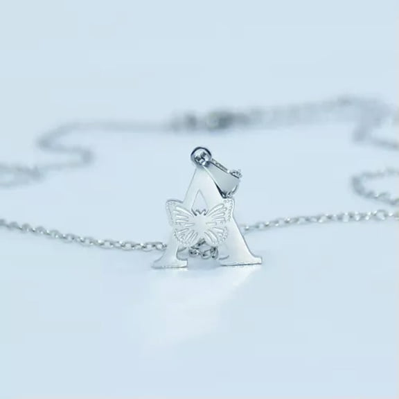 HOOUN 1pcs 316 Stainless Steel Butterfly Initial A-Z Letters Pendant Chain Necklace -LETTER A
