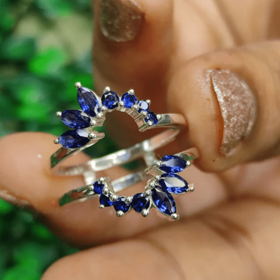 Art Deco Marquise and Round Cut and Blue Sapphire Ring Enhance Wrap in 925 Sterling Silver