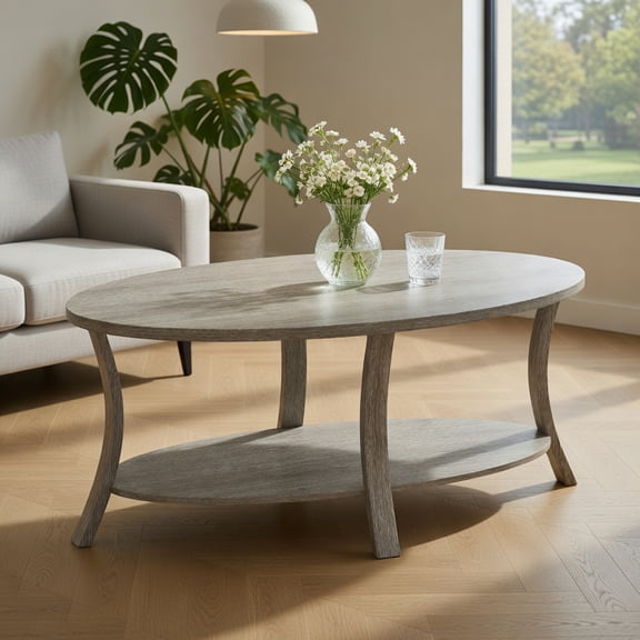 Topcobe Oval Coffee Table 2-Tier with Storage Shelf, Center Table for Living Room, Modern Furniture for Home-Gray
