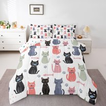Manfei Boys Girls Cute Cats 3 Pieces Queen Comforter Set,Kawaii Animal Ultra Soft Bedding Sets,Cartoon Pet Bedding Comforter Set Breathable,Ultra Soft Home Decor,Reversible
