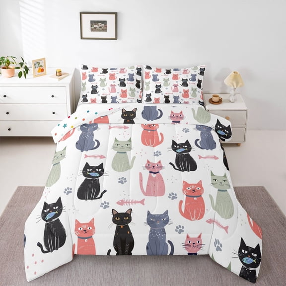 Manfei Boys Girls Cute Cats Bedding Comforter Set 2pcs,Kawaii Animal Twin Comforter Sets Microfiber,Cartoon Pet Breathable Bedding Set,Ultra Soft Home Decor,Reversible