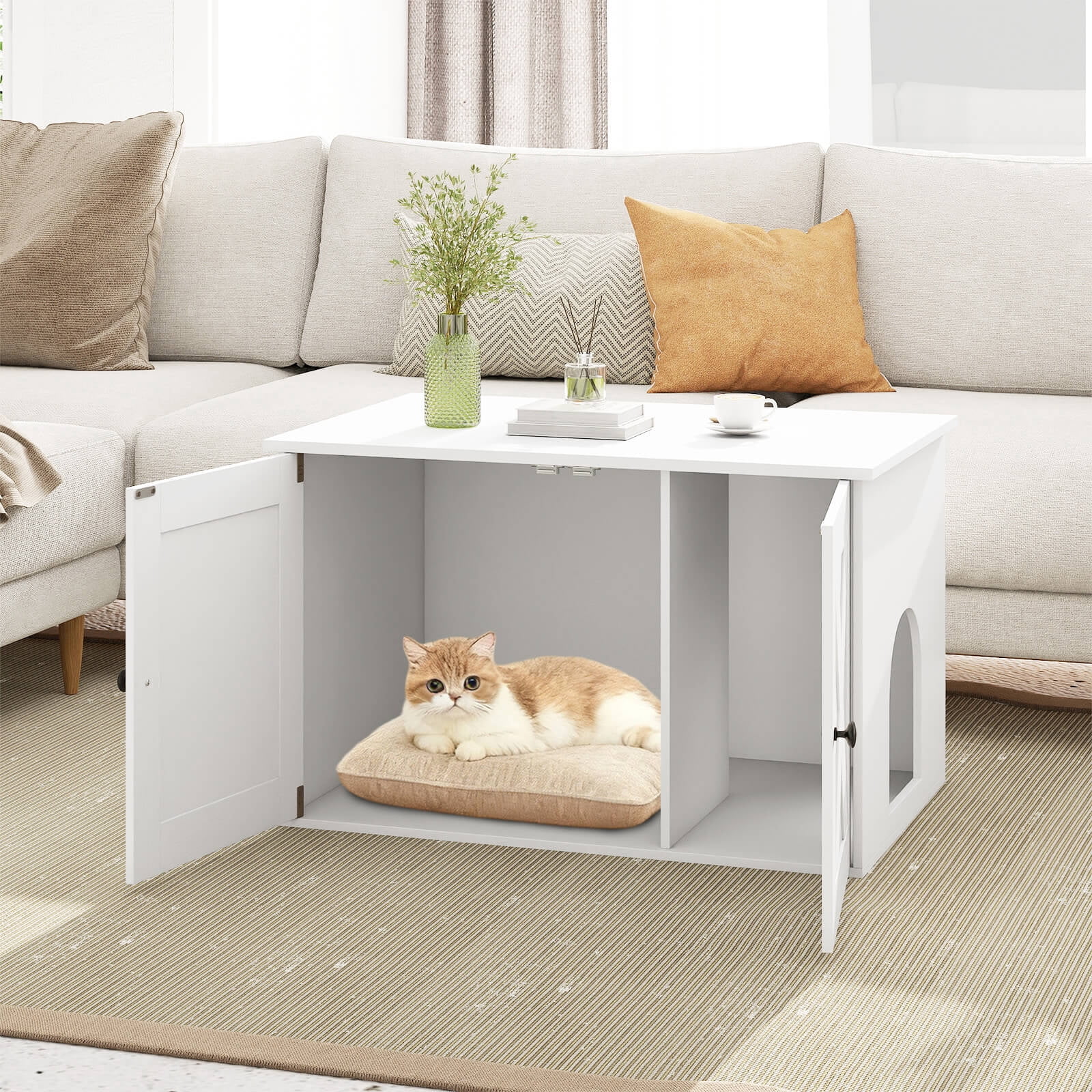 Costway Hidden Cat Litter Box Enclosure Furniture with Divider for Living Room Bedroom White