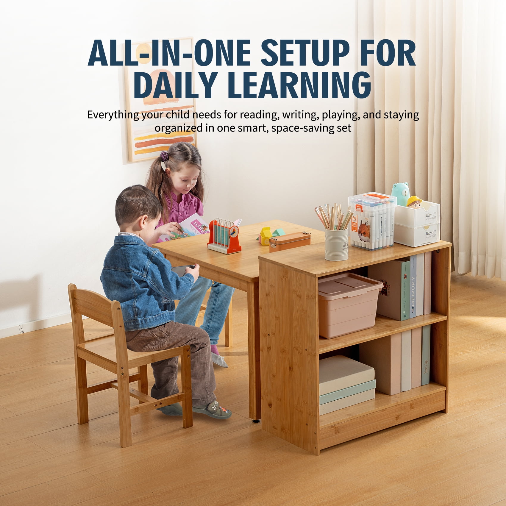 UNICOO® All-in-1 Kids Wooden Activity Table Combo Set with 1 Bookshelf & 2 Chairs – Kids Table and Chairs for Arts, Crafts, Reading & Snack – Toddler Small Desk 4-Piece Set for Playrooms & Classrooms
