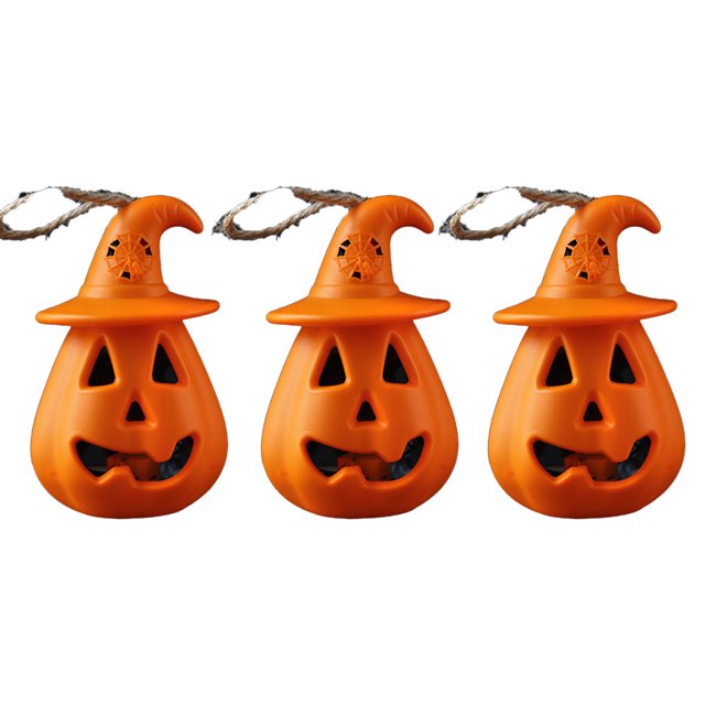 Paquete de 3 luces LED de calabaza para Halloween, portátiles con sombrero de bruja, cara de fantasma parpadeante para decoración de fiesta