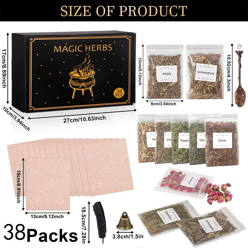 38-Piece Dried Herbs & Craft Accessories Set with Crystal Spoon, Bell & Feather, DIY Candle & Soap Making Craft Kit