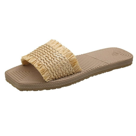 

Dpityserensio Women s Summer Sandals Flat Slippers Casual Weaving Style Beach Slippers Khaki 7(39)