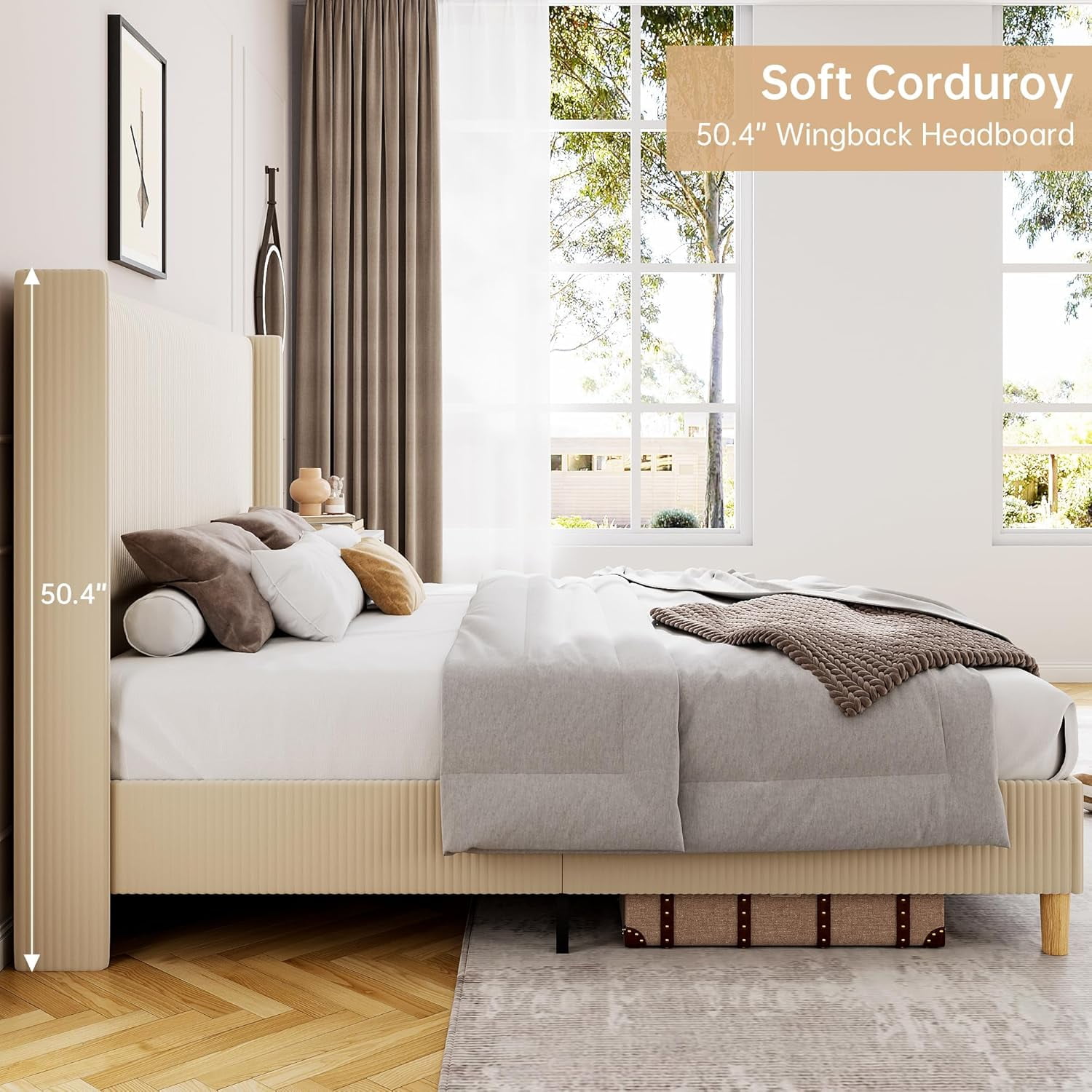 ChaoLink Queen Bed Frame Corduroy Upholstered Platform Bed Frame with 51 in Wingback Headboard, Vertical Stripes, Wooden Slats, No Box Spring Needed, Beige