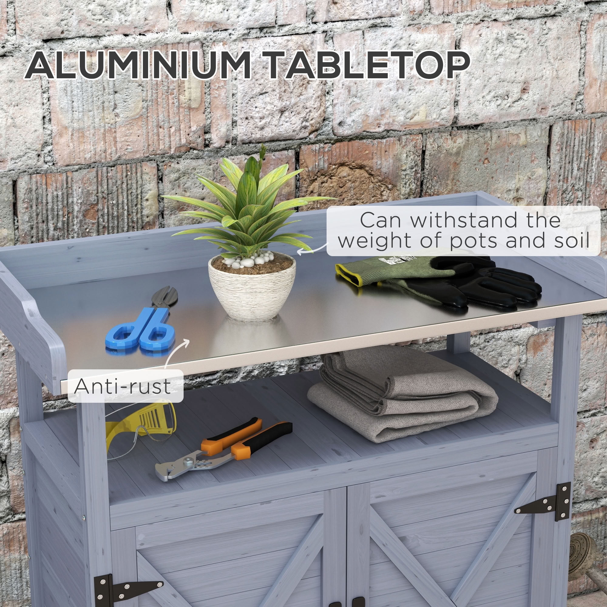 MAYEERTY Outdoor Potting Bench, Wood Garden Workstation with Lockable Wheels, Storage Cabinet & Open Shelf for Backyard, Patio, Balcony