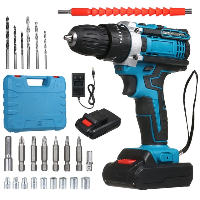 Tignapoo YH-2120 Blue Cordless Drill Kit with 21V 2000mAh Batteries, Fast Charger, and Comprehensive Accessories Set (US Standard)