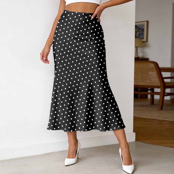 FASHOFT Polka Dot Skirt For Women High Waist Mid Long Length Slim Elegant Design For Daily Party Dating And Outdoor Wear Skirt Black