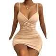 thumbnail image 3 of Women'S 2025 V Neck Spaghetti Straps Wrap Ruched Sheath Bodycon Cocktail Evening Party Night Club Dresses Apricot L, 3 of 9