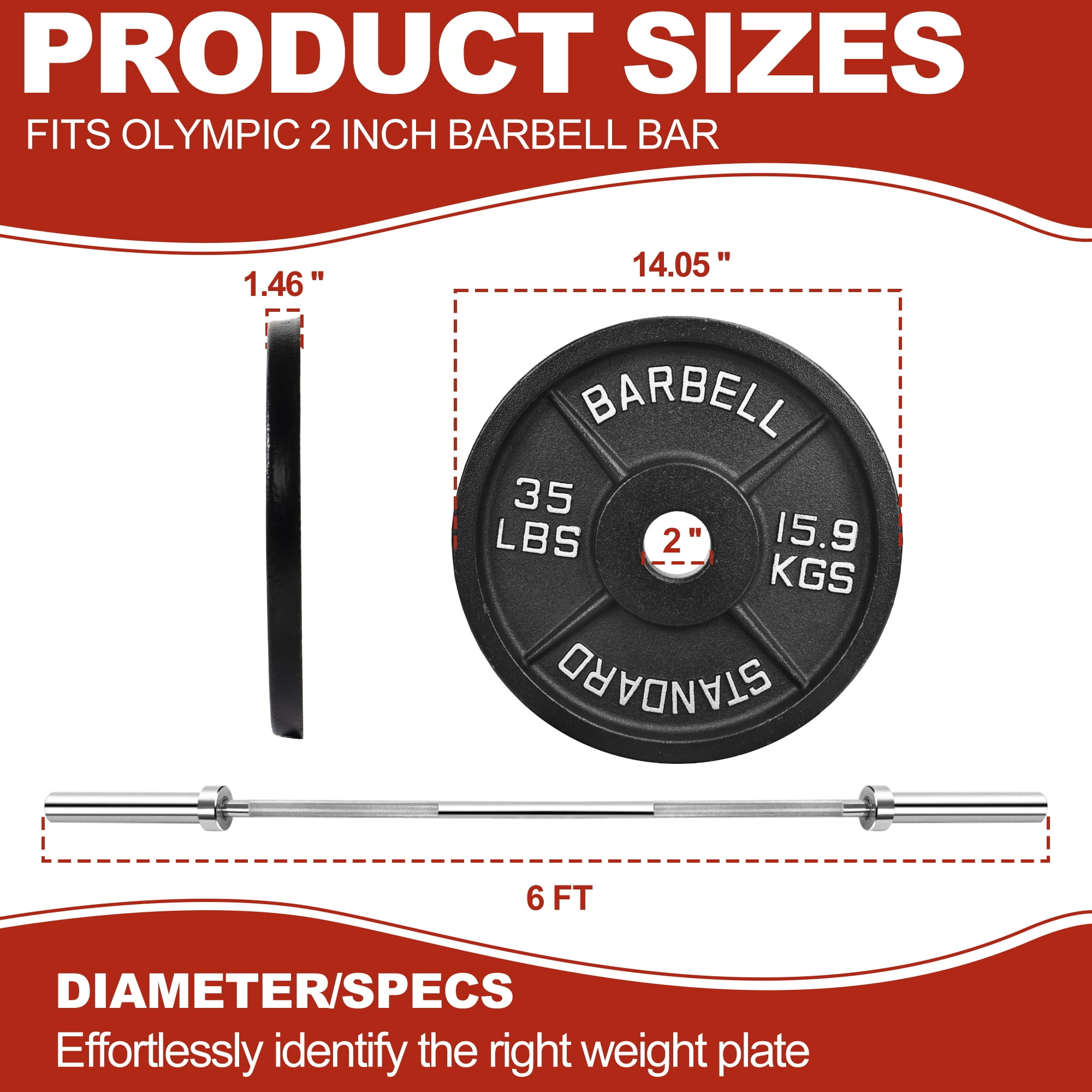 FlexWave Cast Iron Barbell Plates, 2-Inch Hole, Black with Silver Numbers, 70LB Set, for Standard Barbells, Dumbbells & Home Gym Strength Training