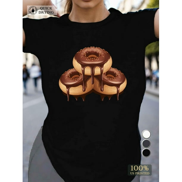 Camiseta informal de cuello redondo para mujer, de secado rápido, de largo regular, con estampado geométrico de chocolate apilado, ideal para todas las estaciones, ideal para deportes de ocio.