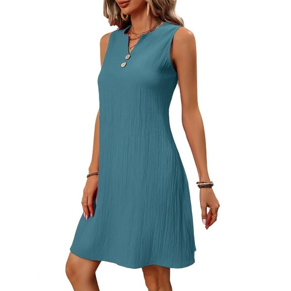 Women Summer Dresses for Island Vacation Sleeveless V Neck Tunic Dress Casual Beach Sundress Sea Blue M