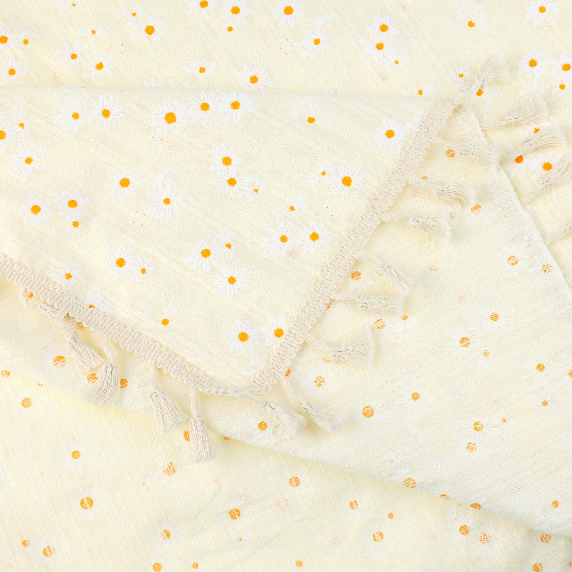 Unique Bargains Rectangle Cotton Yellow Table Cover Tablecloth Tassels 35"x35"