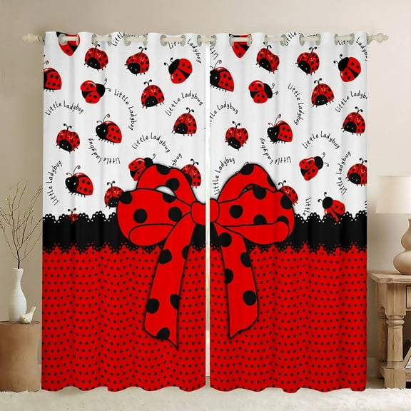 Manfei Cute Ladybird Blackout Curtains,Red Bowknot Curtains Pack of 2 (38x45 Each),Polka Dots Window Curtains,Microfiber Cartoon Bedroom Decorative