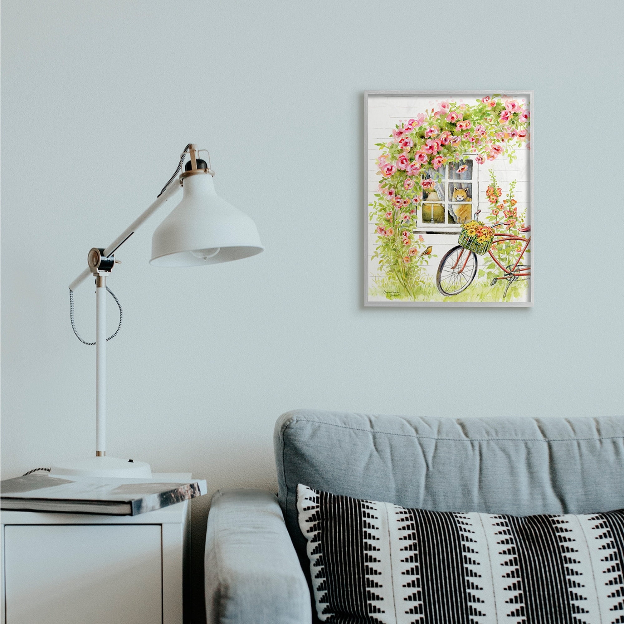 Stupell Industries Pink Bicycle with Charming Cat Cottage Grey Framed, 16 x 20, Design by Gwendolyn Babbitt
