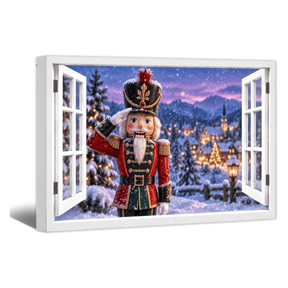 Regal Nutcracker Window Canvas Wall Art Christmas Snowy Town Honor Prints, Vintage Rustic Artwork Paintings for Living Room Bedroom Home Wall Decor